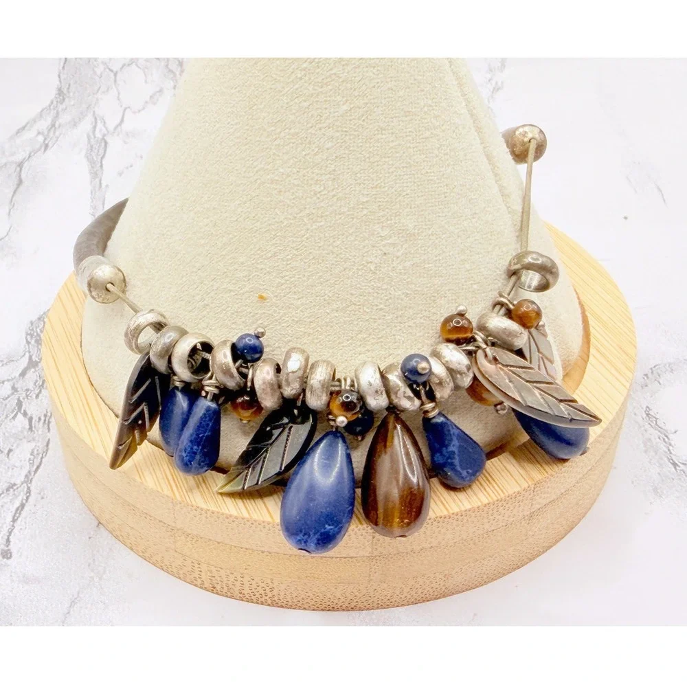 Unique Blue‎ Stone Charm Bracelet Abalone Leaf Boho Quartz Iolite